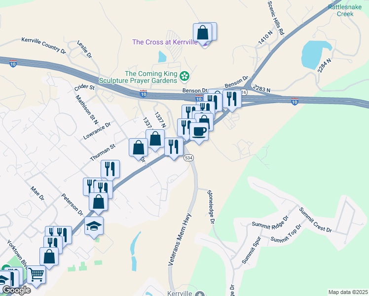 map of restaurants, bars, coffee shops, grocery stores, and more near 805 Rte 534 Loop in Kerrville