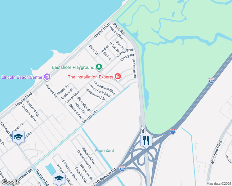 map of restaurants, bars, coffee shops, grocery stores, and more near 7519 Kingsport Boulevard in New Orleans