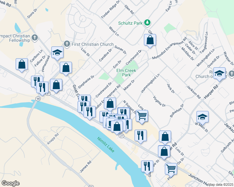 map of restaurants, bars, coffee shops, grocery stores, and more near 134 Methodist Encampment Road in Kerrville