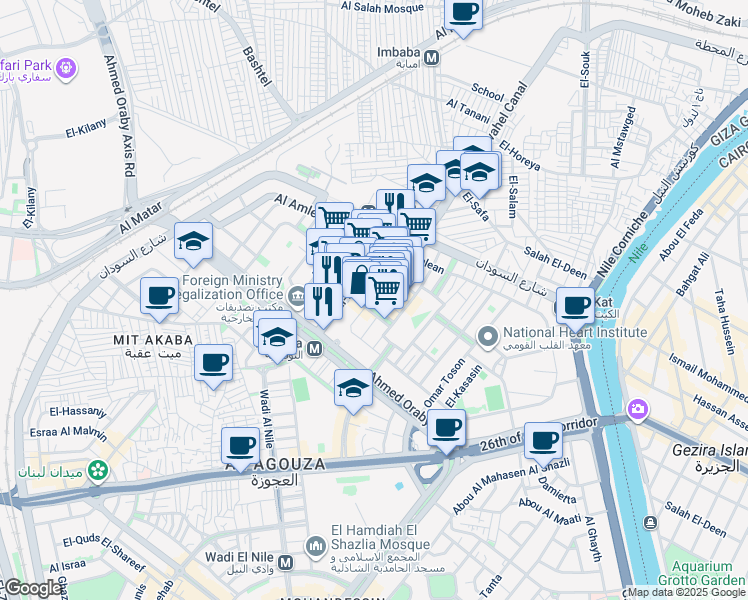 map of restaurants, bars, coffee shops, grocery stores, and more near El-Rashid Street in Agouza