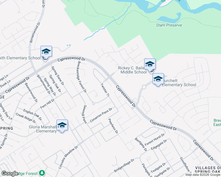 map of restaurants, bars, coffee shops, grocery stores, and more near 3406 Falcon Trail Court in Spring