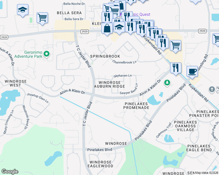 map of restaurants, bars, coffee shops, grocery stores, and more near 20942 Wind Field Lane in Spring