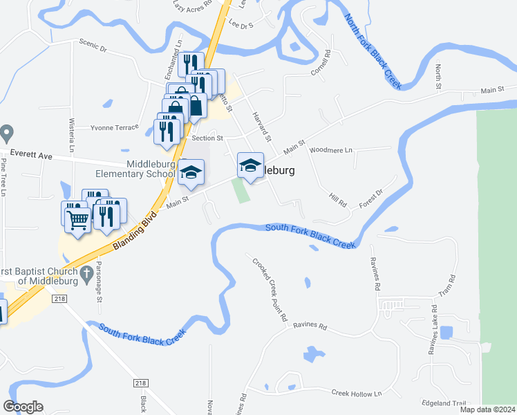 map of restaurants, bars, coffee shops, grocery stores, and more near 2160 Wharf Street in Middleburg