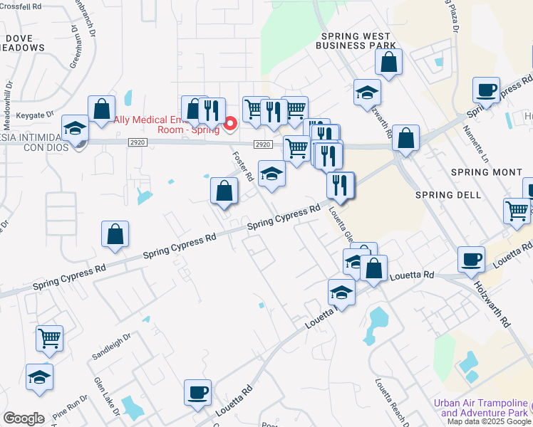 map of restaurants, bars, coffee shops, grocery stores, and more near 2502 Spring Cypress Road in Spring