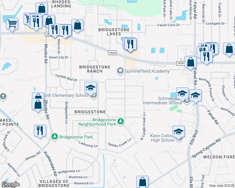 map of restaurants, bars, coffee shops, grocery stores, and more near 4419 Piney Creek Lane in Spring