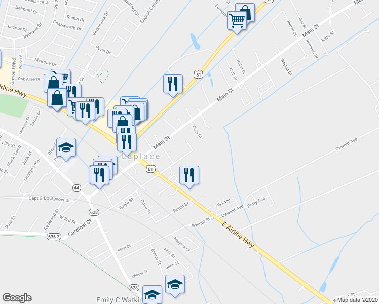 map of restaurants, bars, coffee shops, grocery stores, and more near 1126 Cardinal Street in LaPlace