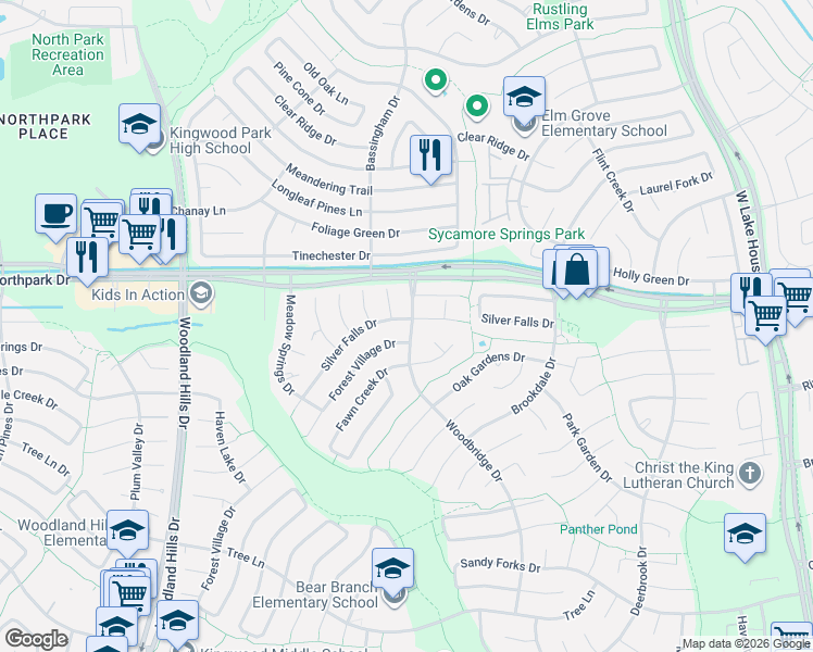 map of restaurants, bars, coffee shops, grocery stores, and more near 2703 Silver Falls Drive in Houston
