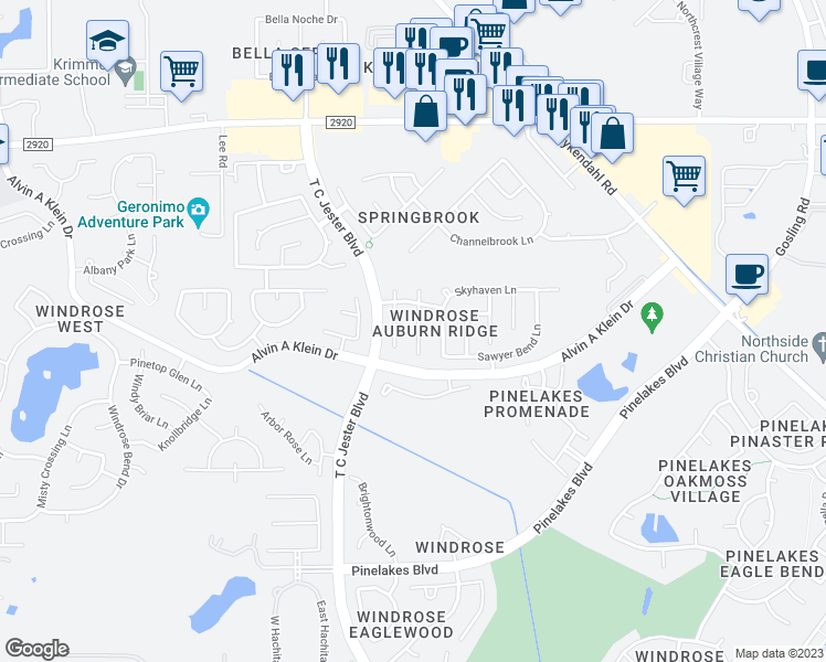 map of restaurants, bars, coffee shops, grocery stores, and more near 20931 Jessica Rose Lane in Spring