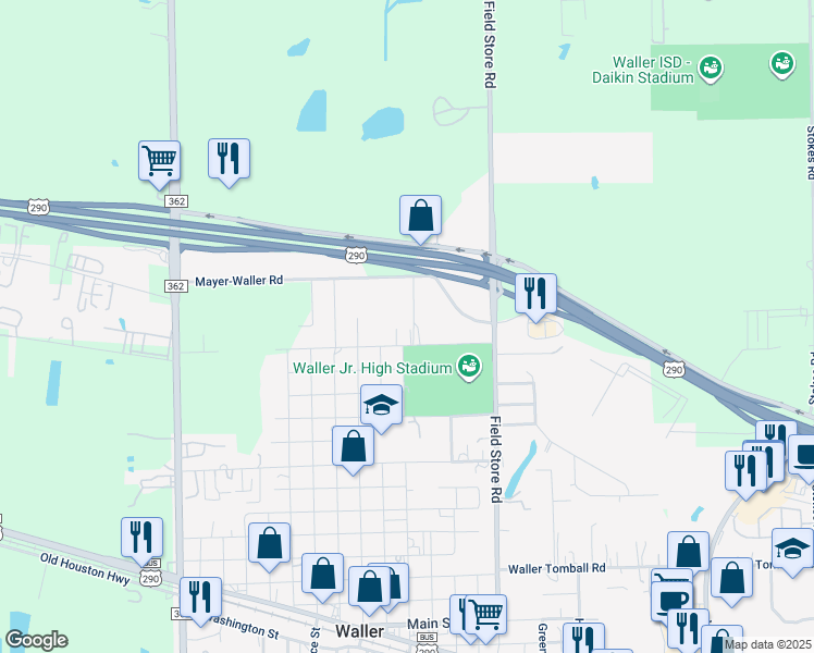map of restaurants, bars, coffee shops, grocery stores, and more near 2200 Brazeal Street in Waller