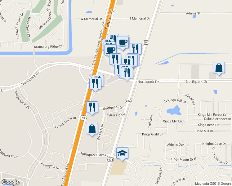 map of restaurants, bars, coffee shops, grocery stores, and more near 320 Northpark Dr in Kingwood