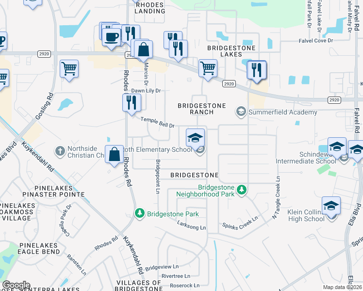 map of restaurants, bars, coffee shops, grocery stores, and more near 21726 Dovington Court in Spring