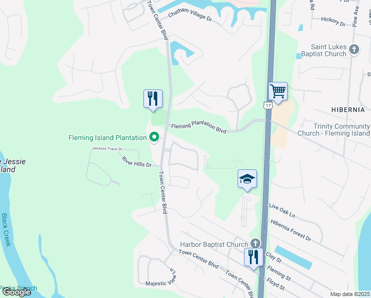 map of restaurants, bars, coffee shops, grocery stores, and more near 1525 Vineland Circle in Fleming Island