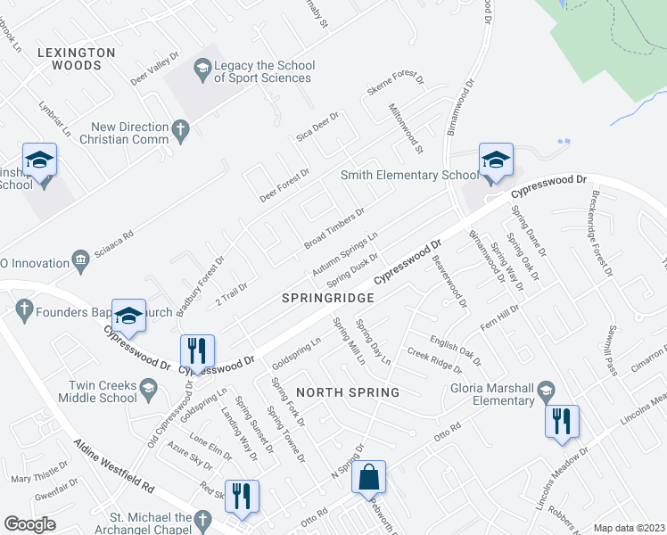 map of restaurants, bars, coffee shops, grocery stores, and more near 2543 Autumn Springs Lane in Spring
