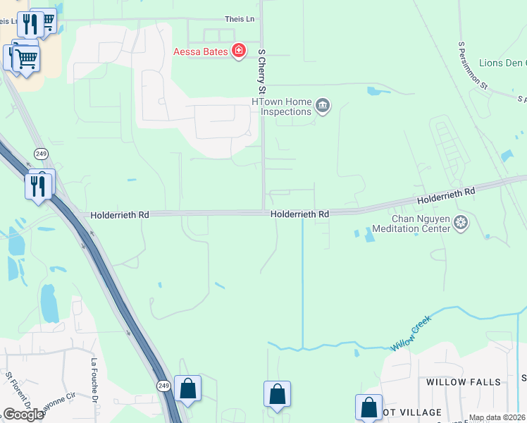 map of restaurants, bars, coffee shops, grocery stores, and more near 12617 Holderrieth Road in Tomball