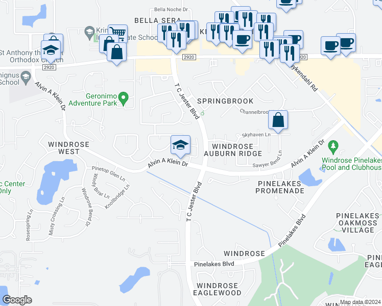 map of restaurants, bars, coffee shops, grocery stores, and more near 6314 Cobble Manor Lane in Spring