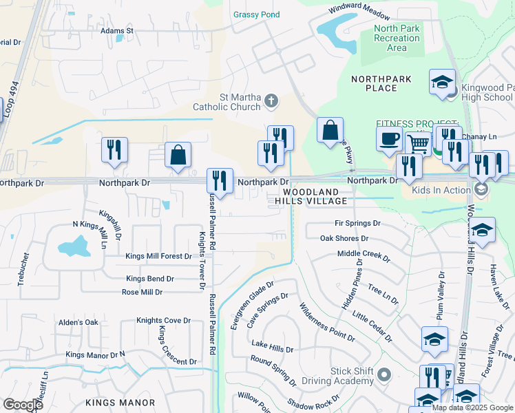 map of restaurants, bars, coffee shops, grocery stores, and more near 1900 Northpark Drive in Humble