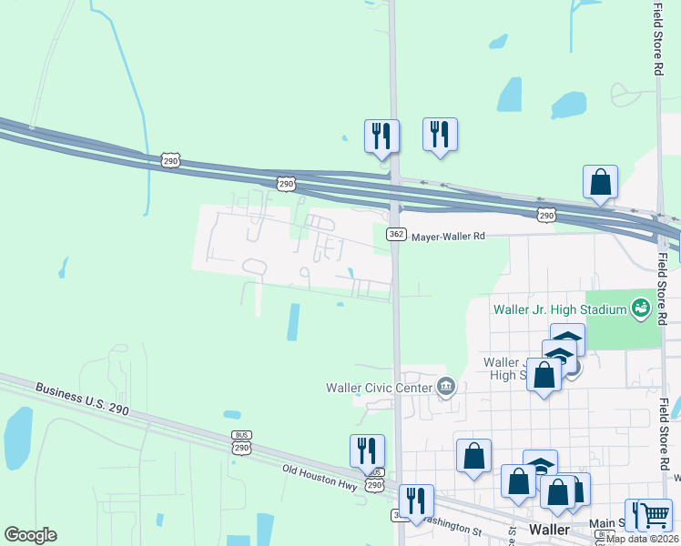map of restaurants, bars, coffee shops, grocery stores, and more near 41077 Park 290 Drive in Waller