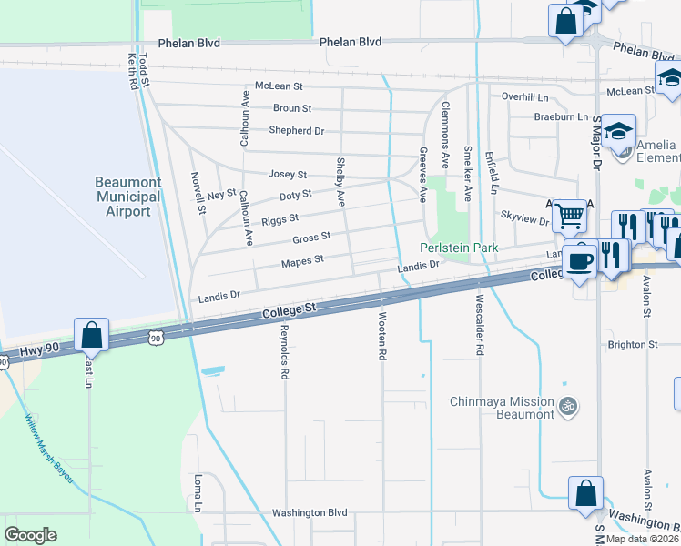 map of restaurants, bars, coffee shops, grocery stores, and more near 9315 Mapes Street in Beaumont