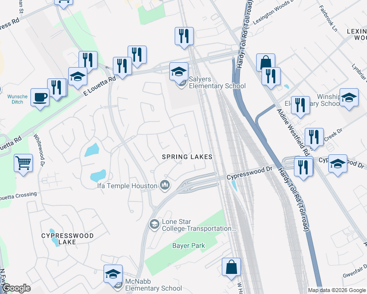 map of restaurants, bars, coffee shops, grocery stores, and more near 25614 Crisp Springs Lane in Spring
