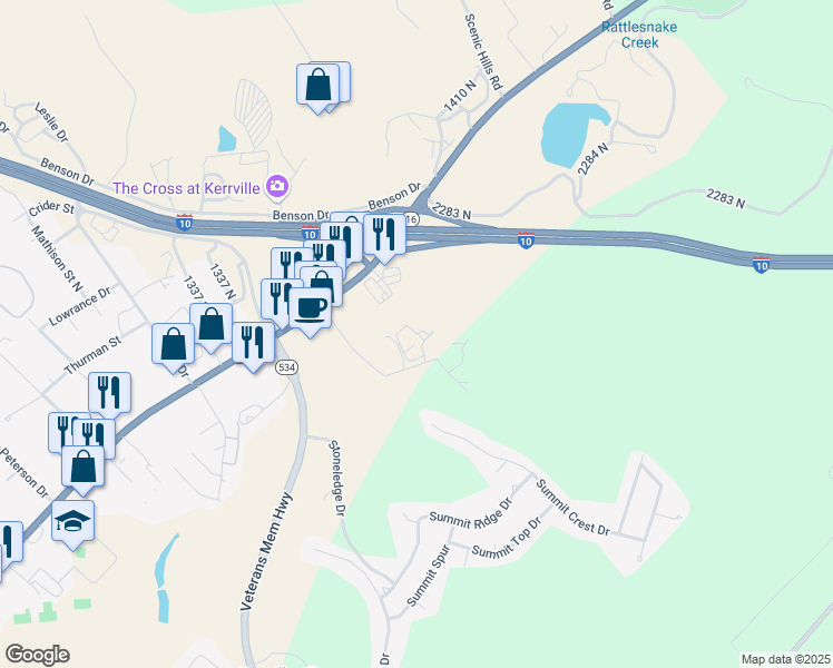 map of restaurants, bars, coffee shops, grocery stores, and more near 2300 Chalet Trail in Kerrville