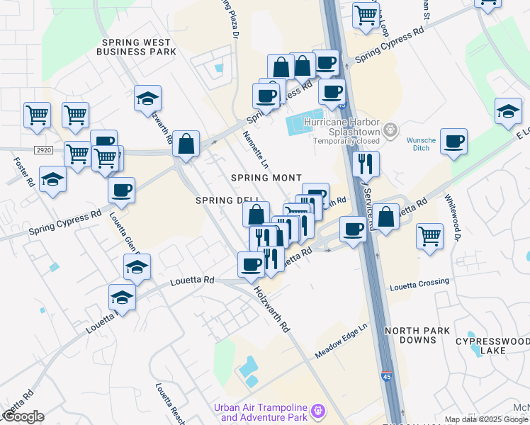 map of restaurants, bars, coffee shops, grocery stores, and more near 20603 Marilyn Lane in Spring