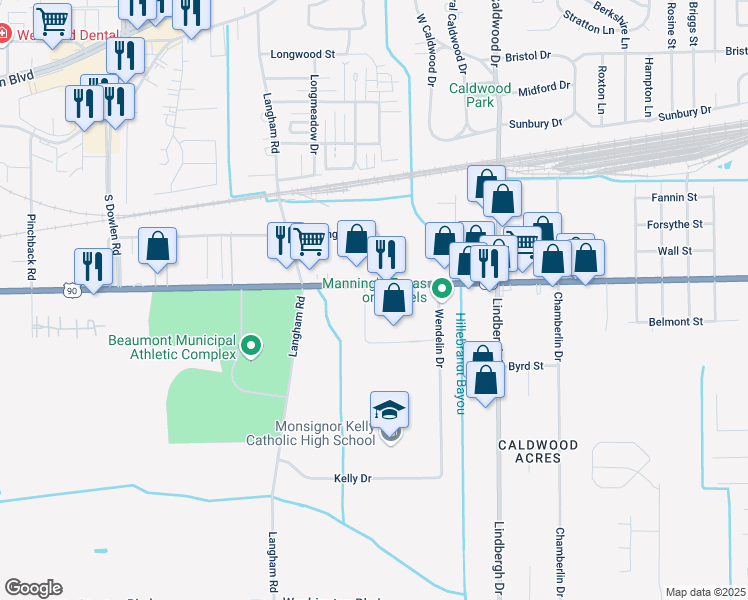 map of restaurants, bars, coffee shops, grocery stores, and more near 6005 College Street in Beaumont