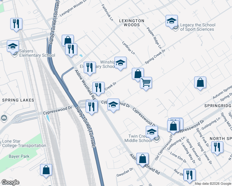 map of restaurants, bars, coffee shops, grocery stores, and more near 2082 Spring Creek Drive in Spring