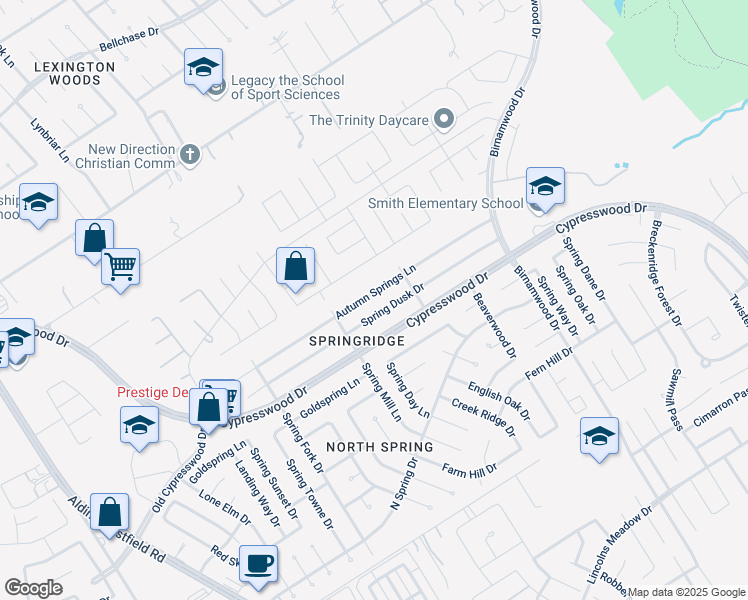 map of restaurants, bars, coffee shops, grocery stores, and more near 2543 Autumn Springs Lane in Spring