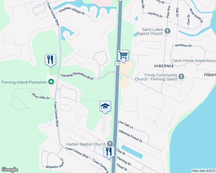 map of restaurants, bars, coffee shops, grocery stores, and more near Black Creek Trail in Clay
