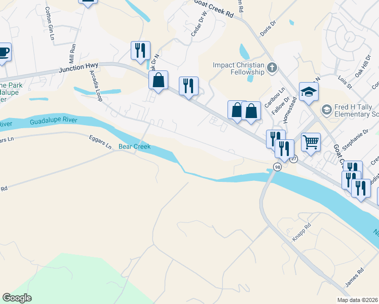 map of restaurants, bars, coffee shops, grocery stores, and more near 1979 Arcadia Loop in Kerrville