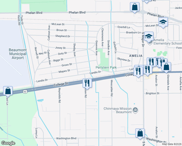 map of restaurants, bars, coffee shops, grocery stores, and more near 9148 Landis Drive in Beaumont