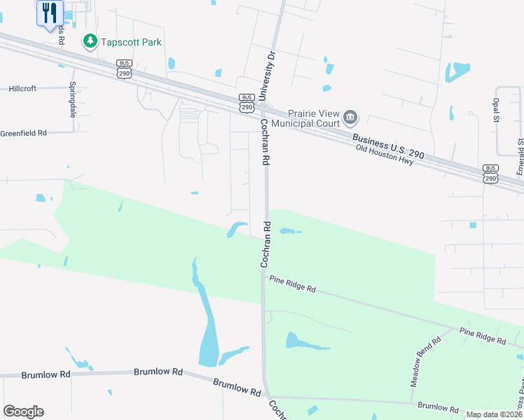 map of restaurants, bars, coffee shops, grocery stores, and more near 20599 Cochran Road in Prairie View