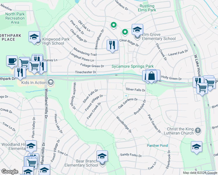 map of restaurants, bars, coffee shops, grocery stores, and more near 2703 Silver Falls Drive in Houston
