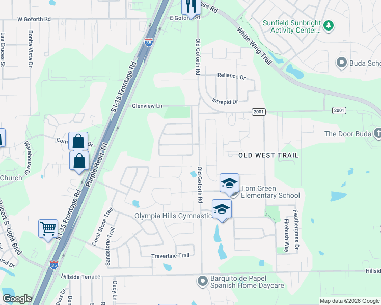 map of restaurants, bars, coffee shops, grocery stores, and more near 1380 Stone Rim Loop in Buda