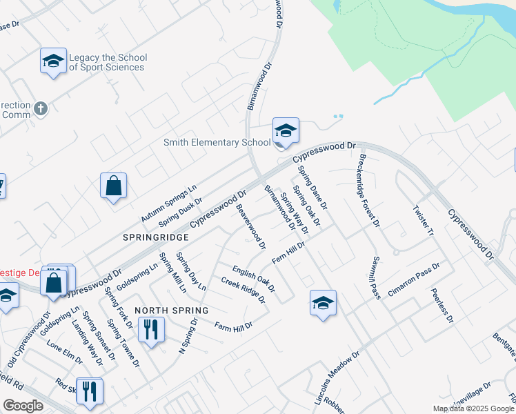 map of restaurants, bars, coffee shops, grocery stores, and more near 2810 Goldspring Ln in Spring