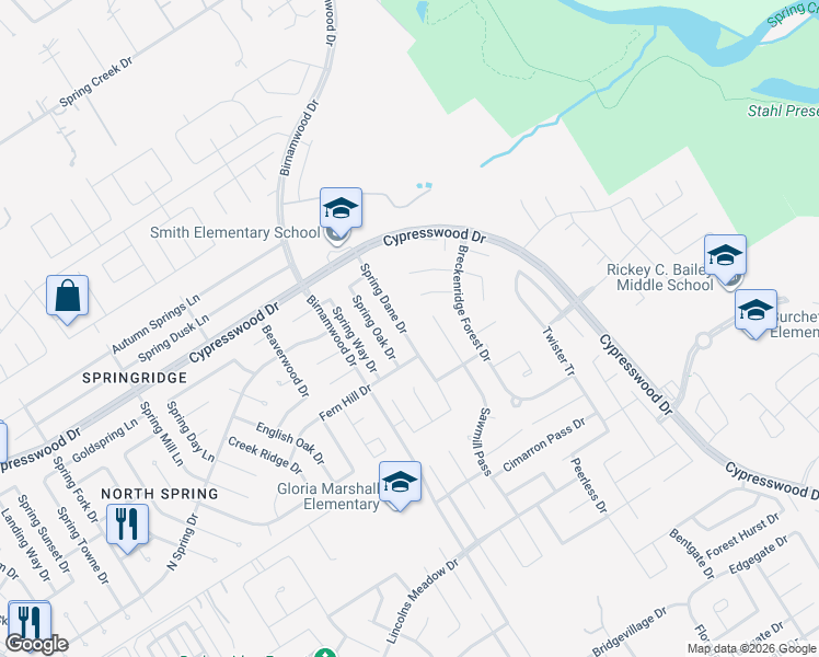 map of restaurants, bars, coffee shops, grocery stores, and more near 23906 Spring Dane Drive in Spring