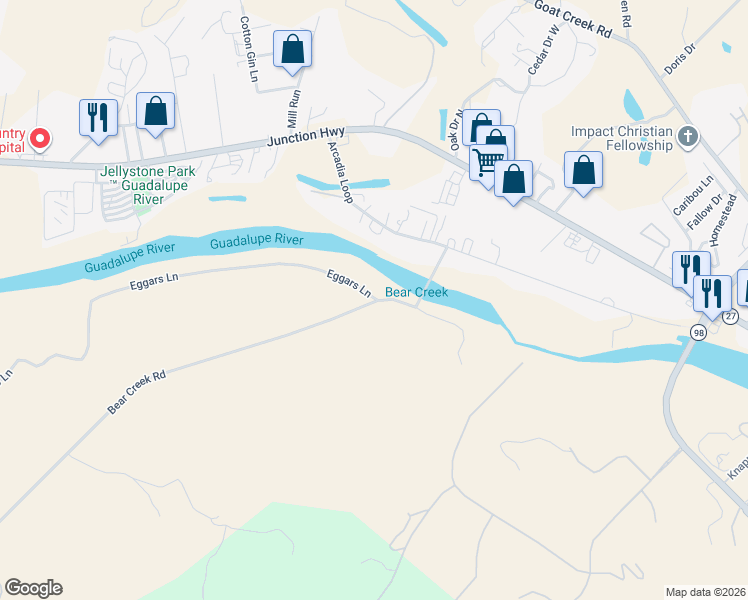 map of restaurants, bars, coffee shops, grocery stores, and more near 211 Bear Creek Road in Kerrville