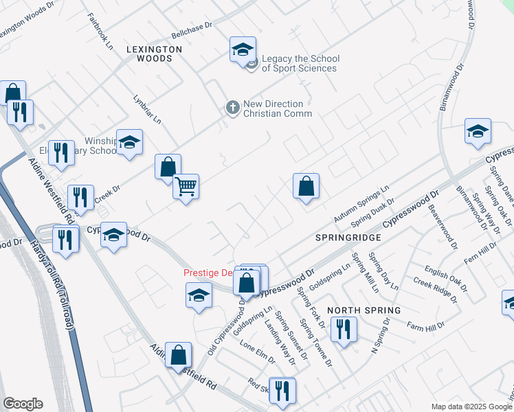 map of restaurants, bars, coffee shops, grocery stores, and more near 24607 Fort Timbers Court in Spring