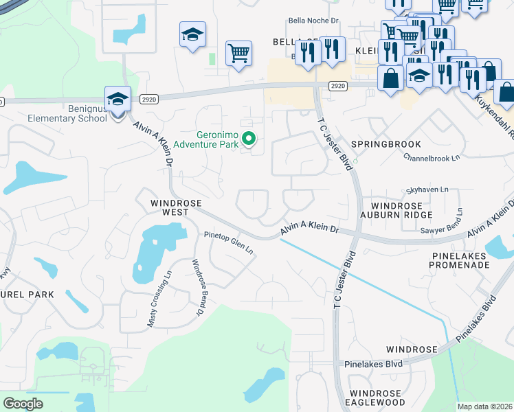 map of restaurants, bars, coffee shops, grocery stores, and more near 20906 Sandy Briar Court in Spring