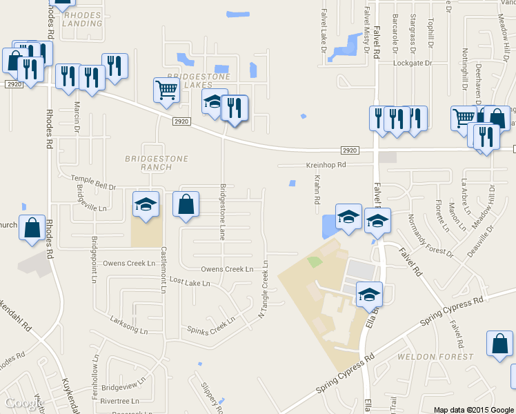 map of restaurants, bars, coffee shops, grocery stores, and more near 21727 North Tangle Creek Lane in Spring