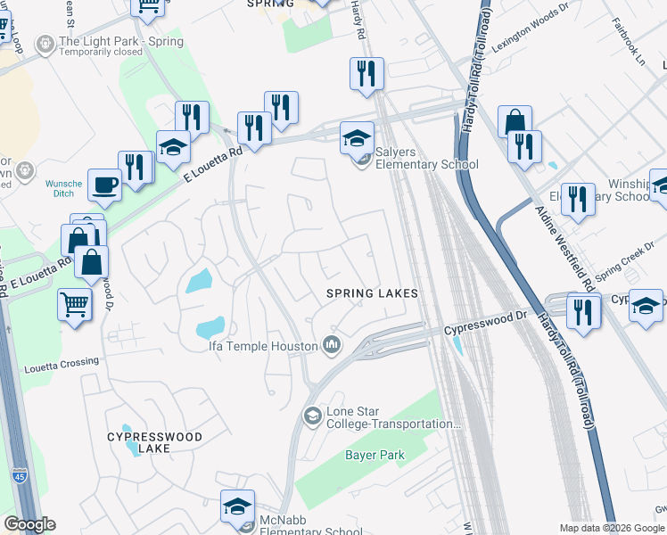 map of restaurants, bars, coffee shops, grocery stores, and more near 25606 Wxexham Springs Court in Spring
