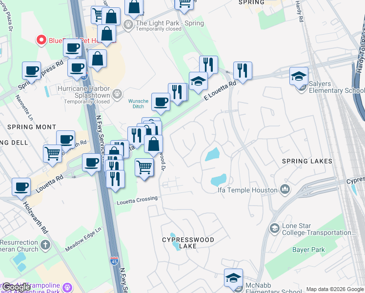 map of restaurants, bars, coffee shops, grocery stores, and more near 25811 Spring Hill Place in Spring