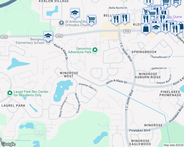 map of restaurants, bars, coffee shops, grocery stores, and more near 20902 Imperial Ridge Lane in Spring