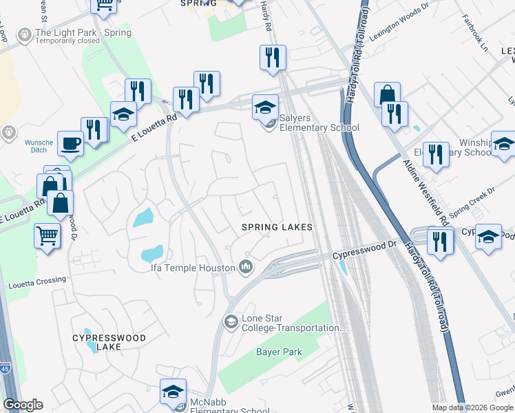 map of restaurants, bars, coffee shops, grocery stores, and more near 25606 Wxexham Springs Court in Spring