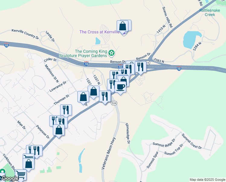 map of restaurants, bars, coffee shops, grocery stores, and more near 2100 Fredericksburg Road in Kerrville