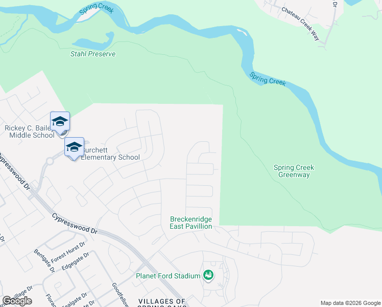 map of restaurants, bars, coffee shops, grocery stores, and more near Spring Creek Greenway Trail in Spring