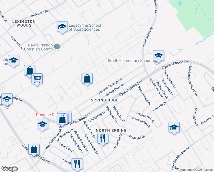 map of restaurants, bars, coffee shops, grocery stores, and more near 2543 Autumn Springs Lane in Spring