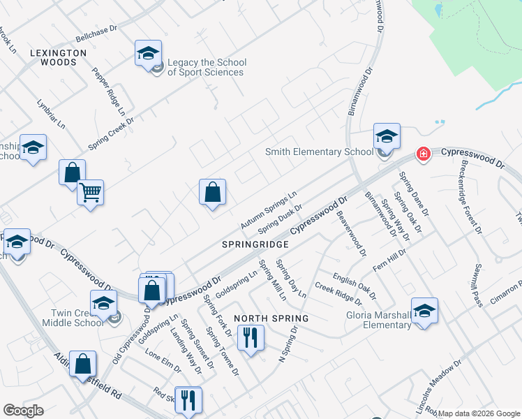 map of restaurants, bars, coffee shops, grocery stores, and more near 2543 Autumn Springs Lane in Spring