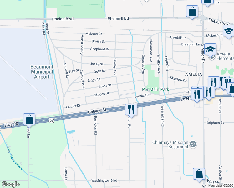 map of restaurants, bars, coffee shops, grocery stores, and more near 9315 Mapes Street in Beaumont
