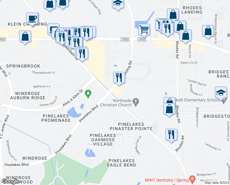map of restaurants, bars, coffee shops, grocery stores, and more near 20424 Kuykendahl Road in Spring
